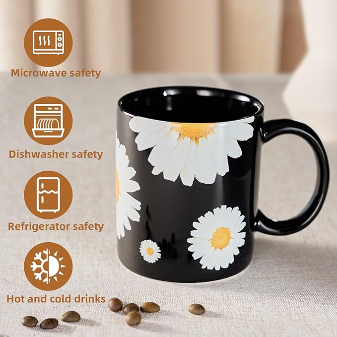 12Oz Daisy floral Black Ceramic Mug, Mug for Daily Coffee and Tea, Lead-free Microwave and Dishwasher Safe Coffee Mug, Perfect gifts for Women and men