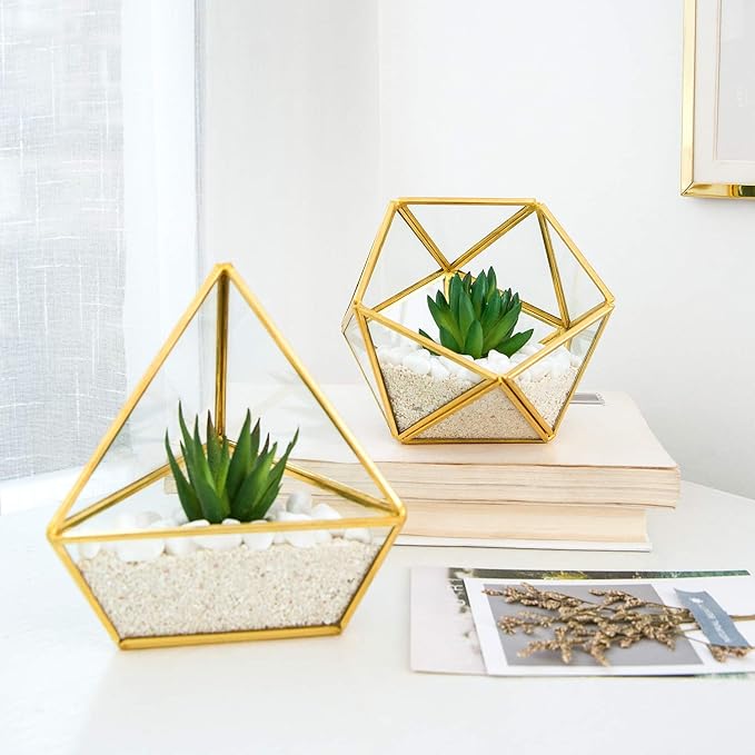Mkono 4 Inches Mini Glass Geometric Terrarium Container Set of 3 Modern Tabletop Planter Shelves Decor Display Centerpiece for Succulent Miniature Fairy Garden Air Plant, Gold (Plant Not Included)