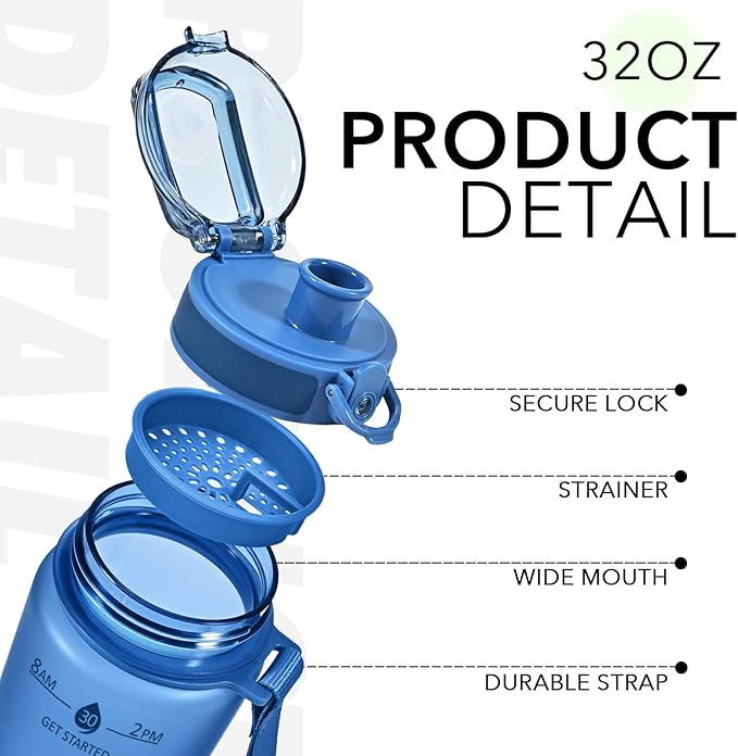 32oz Motivational Water Bottles with Time Marker & Fruit Strainer, Transparent Gradient Color Water Bottle with Times to Drink, Leakproof & BPA Free, Reusable Bottle with Strap (No Straw)