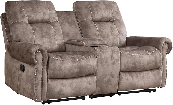 EBELLO Manual Recliner Loveseat Sofa, 2 Seater Reclining Couch Chair with Center Console, Hidden Storage and Cup Holders, Vintage Rivet Mid-Century Design for Living Room, Meeting Room, Brown