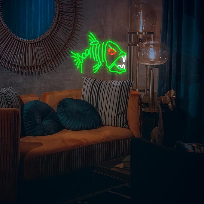 Fish Neon Sign LED Skeleton Fish Neon Light for Wall Decor Dimmable Green Fish Bones Light Up Sign for Living Room Game Room Restaurant Man Cave Art Wall Decoration (16.7 ''*12.8 '')