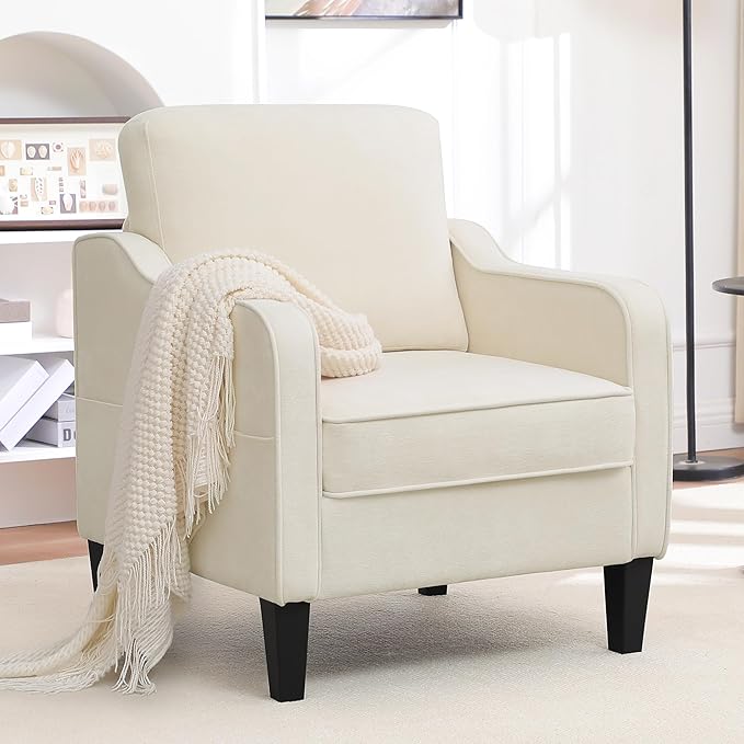 Accent Chairs Set of 2, Upholstered Living Room Chairs with Side Pockets, Mid Century Modern Reading Chair for Bedroom, Comfy Armchair Single Sofa Side Chair for Office, Small Room, Beige