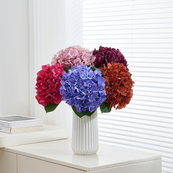 8Pcs Burgundy Fake Flowers Silk Hydrangea Artificial Flowers Bouquets Faux Hydrangea Stems for Home Table Centerpieces Wedding Party Decoration