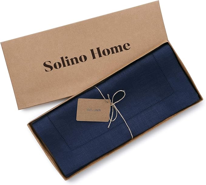 Solino Home Linen Navy Table Runner 120 Inches Long - 100% Pure Linen Hemstitch 14 x 120 Inch Table Runner for Dining, Fall, Autumn, Thanksgiving - Classic Hemstitch