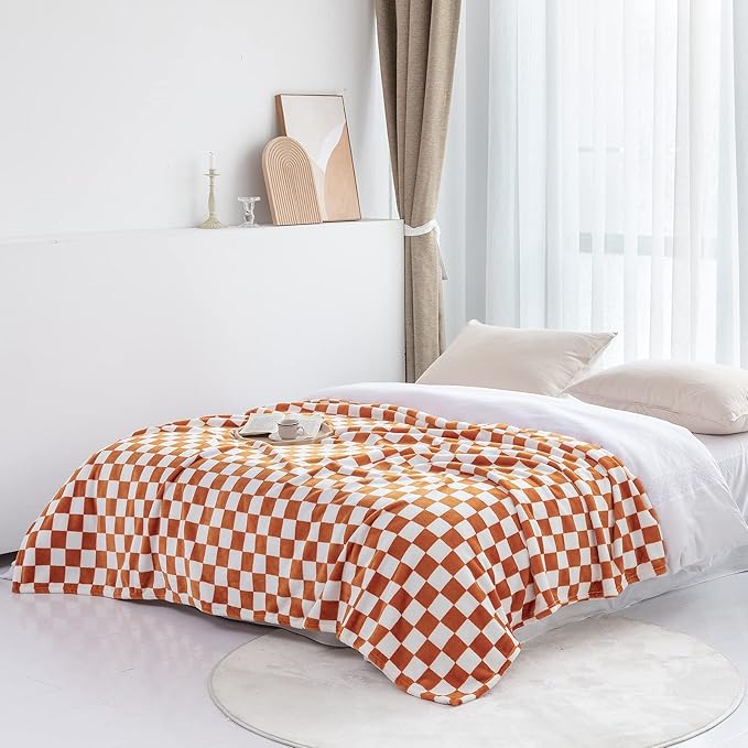 LOMAO Throw Blankets Flannel Blanket with Checkerboard Grid Pattern Soft Throw Blanket for Couch, Bed, Sofa Luxurious Warm and Cozy for All Seasons (Orange, 60"x80")