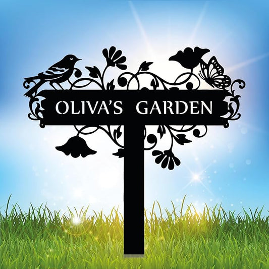 Customized Metal Birds and Flowers, Personalized Garden Sign with Stake, Gardening Decor for Outdoor, Patio and Farmhouse Decorations