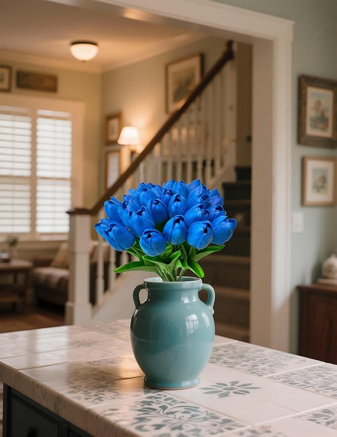 Artificial Tulips Flowers Long Stem Faux Tulips 15PCS Real Touch Fake Tulip for Vase Farmhouse Kitchen Spring & Wedding Home Decor