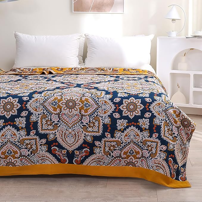 Boho Muslin Blanket for Adults 4-Layer Gauze 80 x 90 Inches Soft Cozy 100% Cotton Summer Cooling Blanket Floral Decor for Sofa Bed Coverlet Both Sides (A Boho Spiral Flower, 80 x 90 in)