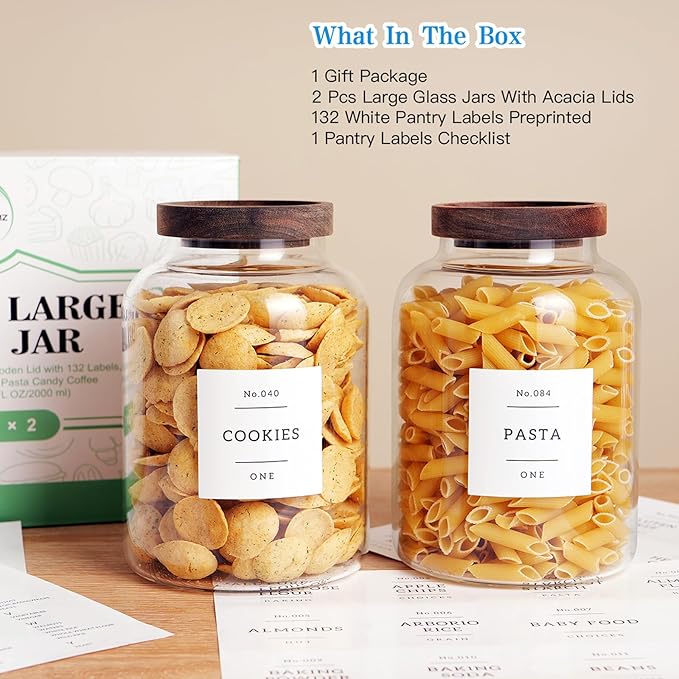 Set Of 2 Large Glass Jar with Wooden Lid with 132 Labels, Glass Storage Jars for Flour Pasta Candy Coffee Cookie and More(70 FL OZ/2000 ml)