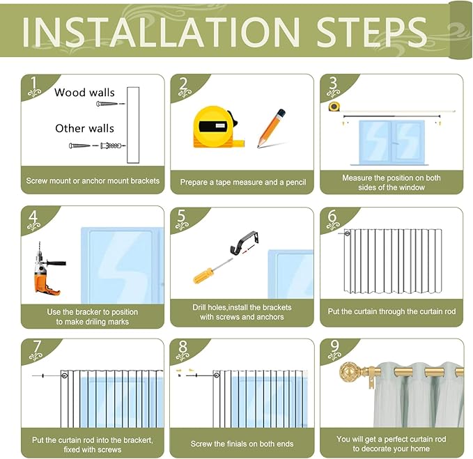 Gold Adjustable Curtain Rods for Windows:36-88 Inch Farmhouse Heavy Duty Curtain Rod for Bedroom Living Room,Boho Decorative Rustic Drapery Rods with Vintage Coastal Texture Finial,Brass Gold