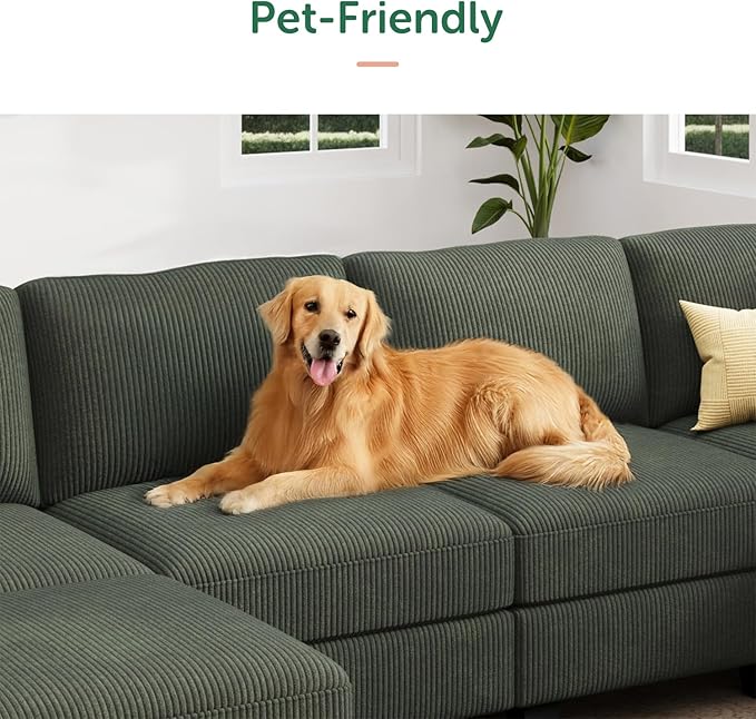 HONBAY Corduroy Sectional Couch with Storage U Shaped Sectional Sofa Modular Sectional Couches for Living Room, Green