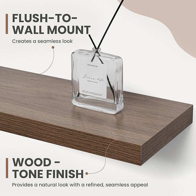 24 Inch Floating Shelves, 8 Inch Deep Floating Shelves for Wall, Hanging Shelf with Invisible Brackets, Deep Shelves for Bathroom, Bedroom, Living Room, Walnut, Set of 2