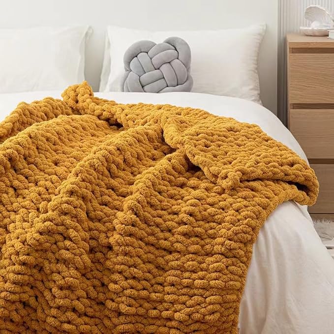 Chunky Knit Blanket Throw 40"×40", Hand Knitted Warm Chenille Throw Blanket, Home Decor Soft Thick Yarn Cable Knit Blanket,Soft Breathable Fleece Banket Christmas for Couch Bed Sofa Best Gift (Yellow)