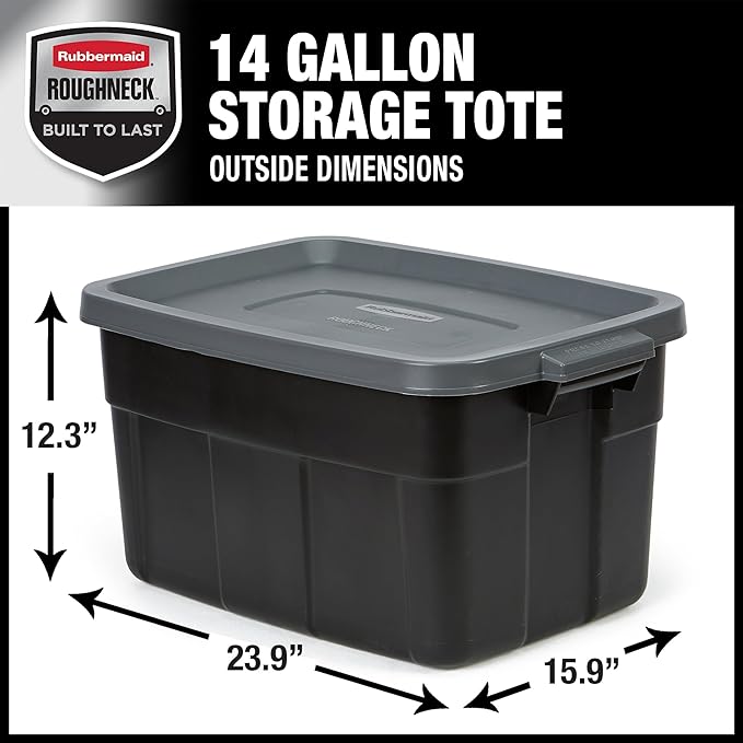 Rubbermaid Roughneck Tote 14 Gal, 6 Pack, Made in USA, Black & Gray, Rugged Plastic Stackable Storage Bins with Lids and Handles