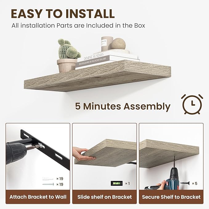 36 Inch Floating Shelves, 12 Inch Deep Floating Shelves for Wall, Floating Shelf with Invisible Brackets, Deep Shelves for Bathroom, Bedroom, Living Room, 2 Pack, Vintage Gray Oak