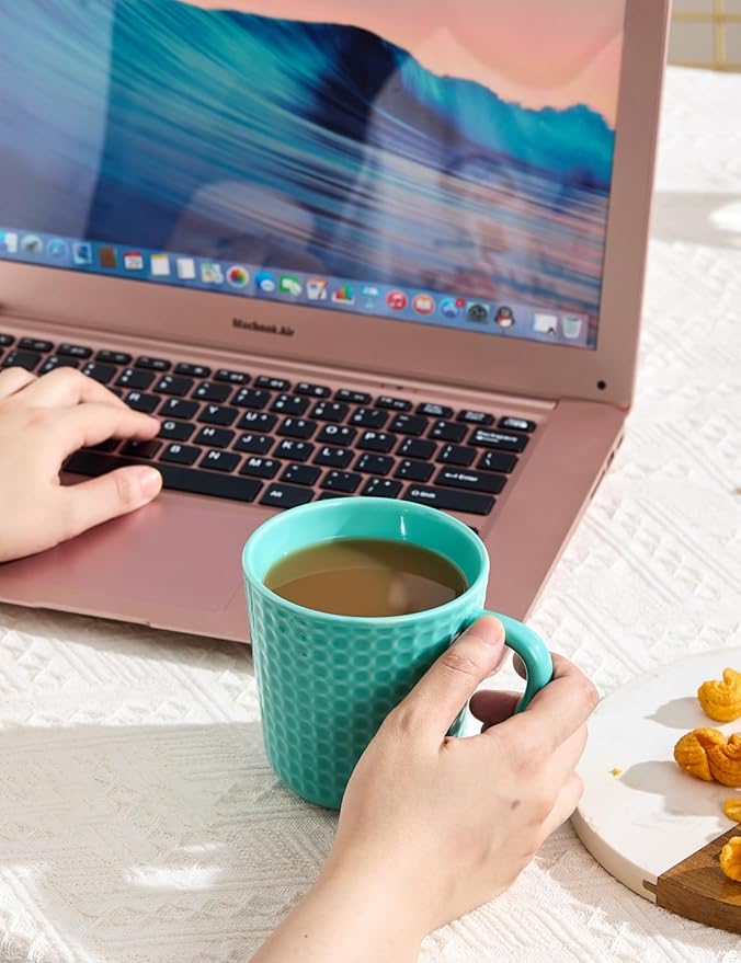 Ceramic Coffee Mugs 15 oz, Large Waffle Embossed Mug Set with Handle, Unique Coffee Cups for Latte, Cappuccino, Cocoa, Hot Tea, Mocha, Milk, Housewarming Wedding Present - Set of 6 (Turquoise)