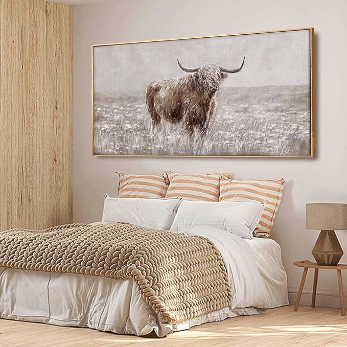Farmhouse Highland Cow Wall Decor on Canvas with Framed Large Landscape Brown Artwork for Bedroom Living Room Office Decor 29x58 Inch
