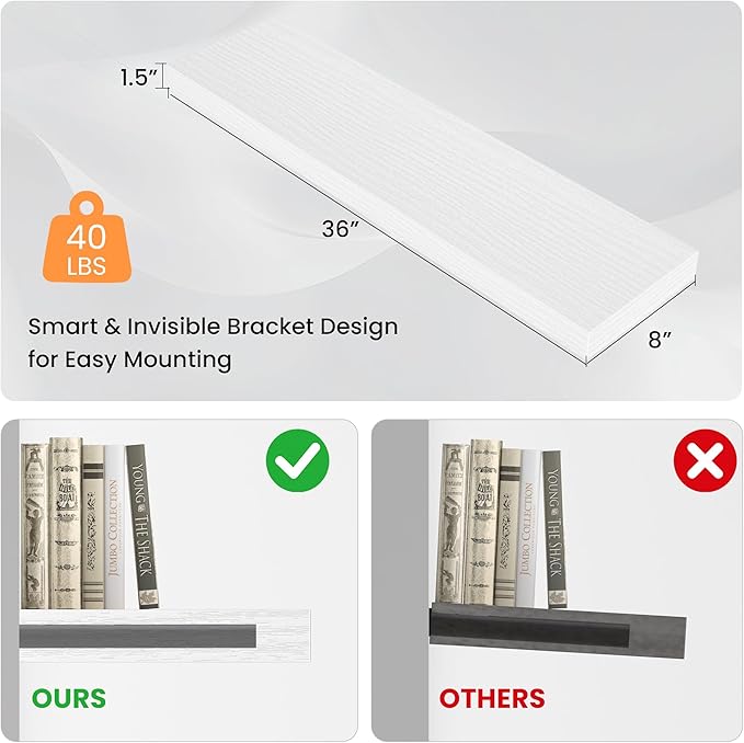 Floating Shelves for Wall, 36" W x 8" D x 1.5" H, Wooden Wall Mounted Display Shelves with Invisible Brackets for Living Room, Bedroom, Bathroom, Kitchen Decor and Storage, Set of 2, White