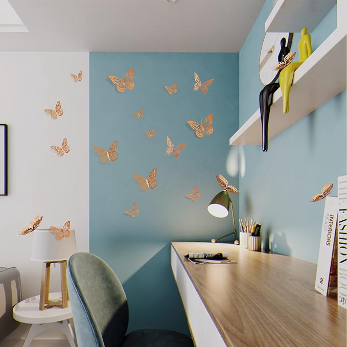 SAOROPEB 3D Butterfly Wall Decor, 48 Pcs 4 Styles 3 Sizes, Removable Metallic Wall Sticker Room Mural Decals for Kids Bedroom Nursery Classroom Party Decoration Wedding Decor DIY Gift (Rose Gold)