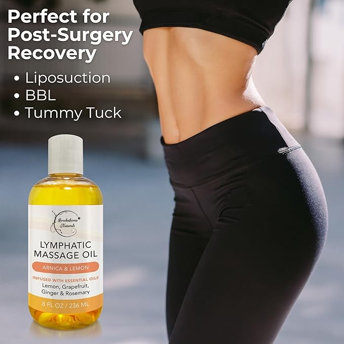 Lymphatic Massage Oil for Massage Therapy | 100% Natural Lymphatic Drainage Oil | Premium Quality with Arnica, Lemon & Ginger | for Post Surgery Recovery & Detox | 8oz by Brookethorne Naturals