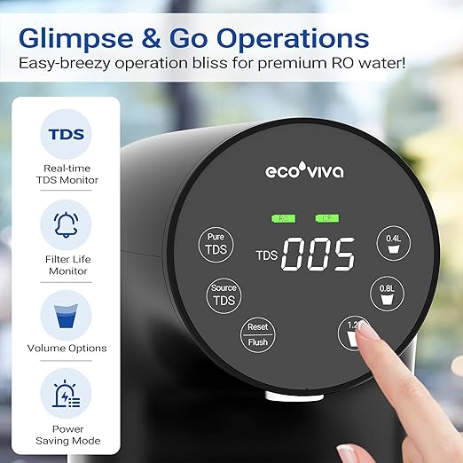 Ecoviva Countertop Reverse Osmosis System RO Water Filter, 5-Stage Filtration, Real-time TDS Monitor, 3:1 Pure to Drain, No Installation Portable Water Purifier-Black