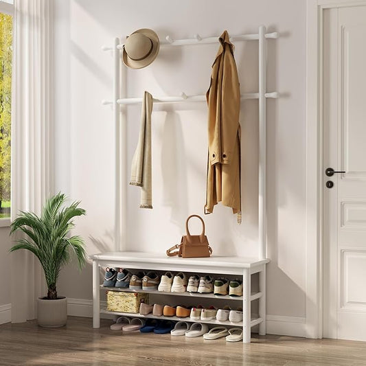 Coat Rack with Shoe Storage, Wooden Hall Tree with Bench, 11 Hooks and 2-Tier Storage Shelves, 3-in-1, Entryway Bench with Coat Rack (39.3"-Deep White)