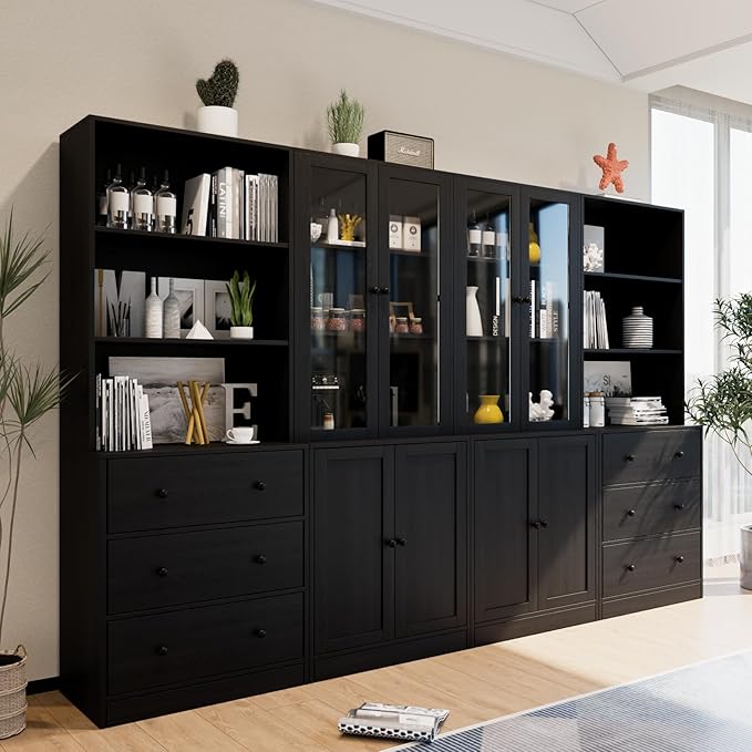 TUSY 71" Bookshelf Bookcase, 3-Tier Modern Bookshelves 3 Large Drawer, Wood Filing Cabinet with Open Storage Shelf, Glass Doors 5-Tier Fixed Storage Shelves for Home Office (Black)