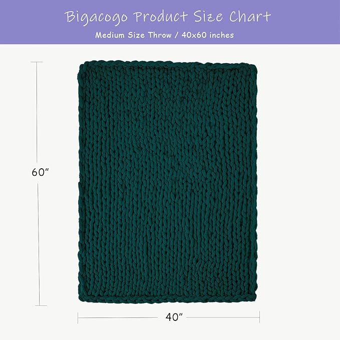 Bigacogo Chunky Knit Throw Blanket for Couch, 40x60 inches, 100% Hand Knitted with Thick Jumbo Chenille Yarn, Cozy Soft Large Rope Knot Cable Crochet Blankets for Sofa Bed Living Room, Dark Green