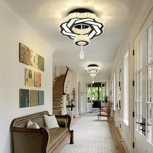 Flashing God 16 Inch Mini Chandelier Modern Crystal Chandeliers Light Semi Flush Mount Ceiling Light Fixture Small Black Chandelier for Bedroom Hallway Kitchen Foyer