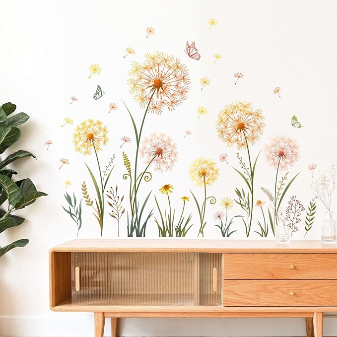 Dandelion Flower Butterfly Wall Decals Gold Dandelion Plants Floral Wall Stickers Peel and Stick Vinyl Wall Art Decor for Living Room Bedroom Office TV Sofa Backdrop Home Decor Gifts for Mom
