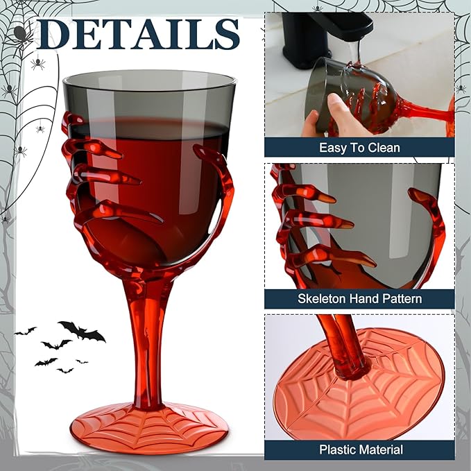 Dandat 24 Pcs Halloween Skeleton Hand Goblets 12oz Clear Plastic Halloween Cups Skull Wine Glass Set for Creepy Spooky Party Decorations (Black,Orange)