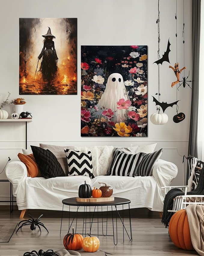 Halloween Canvas Wall Art,Vintage Cute Ghost & Wildflowers Framed Poster, Spooky Fall Decorations for Indoor, Gothic Dark Academia Wall Decor, Funny Halloween Decorations for Living Room Bedroom