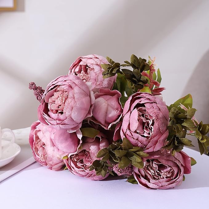 Duovlo Fake Flowers Vintage Artificial Peony Silk Flowers Wedding Home Decoration,Pack of 1 (Sweetened Bean)