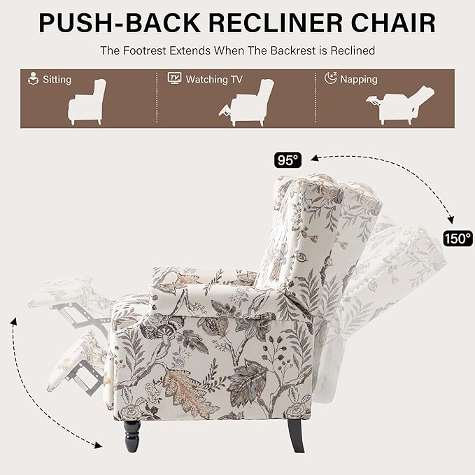 UIXE Recliner Chairs Set of 2, Fabric Upholstered Armchair Pushback Accent Chair for Living Room, Floral Rivet Trim Club Chair Home Theater Single Sofa Bedroom Side Reading Seat - Beige Plants