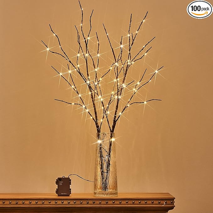 Birchlitland Lighted Brown Branches 32IN 100 LED with Timer Battery Operated, Artificial Tree Branch with Warm,Willow Branch Lights for Home Bedroom Fireplace Christmas Holiday Decoration