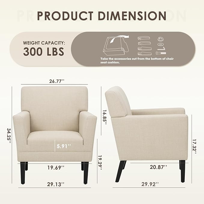 COLAMY Modern Accent Chair for Living Room, Upholstered Fabric Accent Armchair with Back, Soft Single Sofa Chair with Arms for Bedroom/Office/Reception Room, Oatmeal