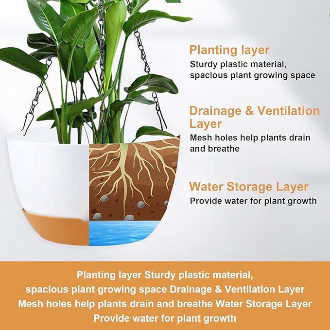 4 Pack Hanging Planter for Plants Indoor,8 Inch Plant Pot Outdoor Plastic Hanging Baskets with Drainage Holes and Chain for Garden Porch Plants(White+Black+Green+Beige)