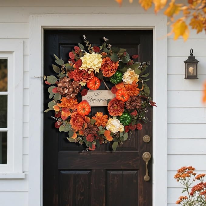 Fall Wreaths for Front Door 24 Inch with Realistic Pumpkin Hydrangea Peony Dahlia Flower, Thanksgiving Harvest Autumn Wreath for Indoor Outdoor Decor, Rustic Farmhouse Seasonal Decoration