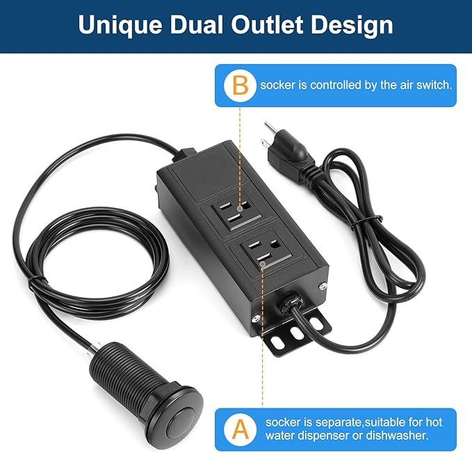 Dual Outlet Garbage Disposal Air Switch Kit, UL Listed Sink Top Air Switch for Food Waste Disposal, 3.58” Extra Long Air Button, Black Stainless Steel