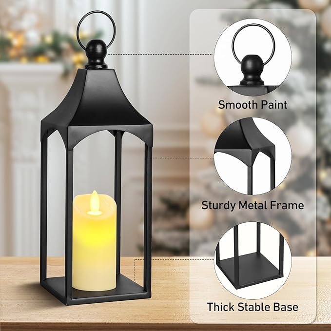 Eufrozy Lanterns Decorative Outdoor Indoor Set of 2 Black Metal Candle Lanterns with Flameless Candle, Modern Farmhouse Lantern Decor for Porch Patio Fireplace Mantle Kitchen Table Christmas Gifts