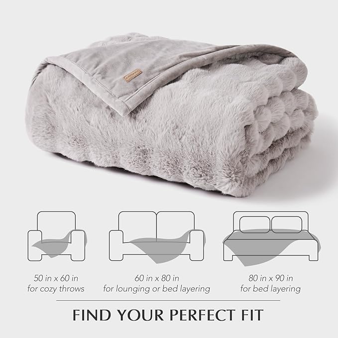 EVERGRACE Ultra Soft Luxury Fluffy Ridgeline Faux Rabbit Fur Throw Blanket, Thick Warm Fuzzy Blankets for Winter, Cozy Plush Reversible Blanket for Couch, Bed, Sofa, Taupe, 80x90 Inches, 870 GSM