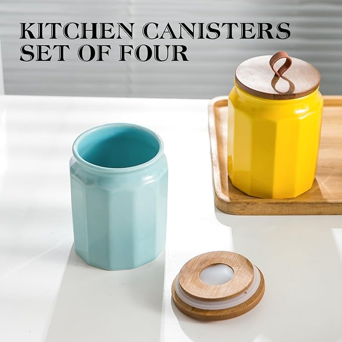 Canister Sets for Kitchen, Kitchen Canisters for Countertop with Airtight Wood Lid, Ceramic Food Storage Containers and Sugar Container for Coffee, Flour, Tea, Candy, Cookie, Spice