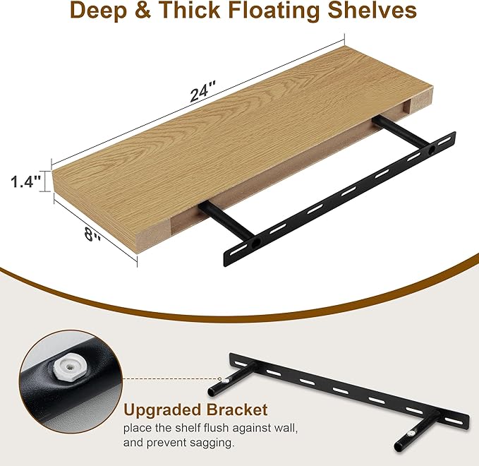 Floating Shelves for Wall, 8 Inch Deep Floating Shelves, 24"W x 8"D Wall Shelves Set of 2, Rustic Wood Floating Shelf for Home Decor, Deep Storage Shelves for Kitchen, Bedroom, Living Room