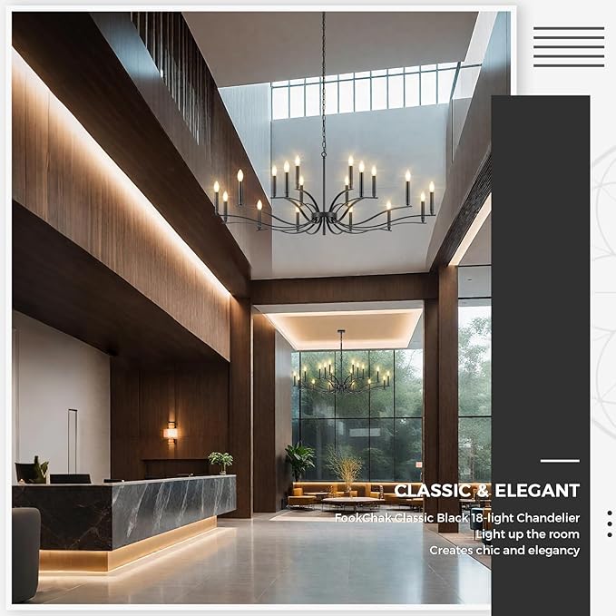 Black Living Room Chandelier 18 Light Hight Ceiling Foyer Candle Chandelier Large Dining Room Light Fixture Over Table 59in Metal Modern Chandeliers Hanging Light for Entry Master Bedroom