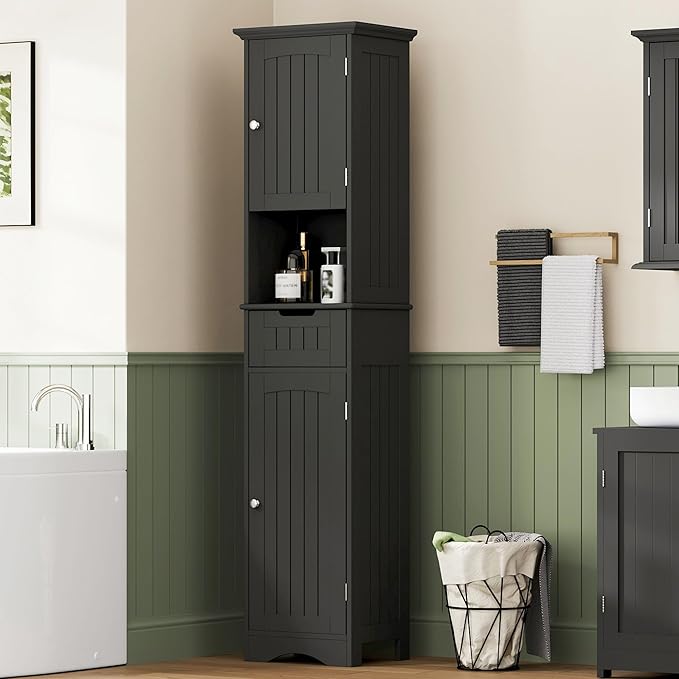 ChooChoo 67" Tall Bathroom Storage Cabinet Freestanding with Adjustable Shelves, Narrow Storage Linen Cabinet with 2 Doors and 1 Drawers for Bathroom, Living Room, Kitchen, Black