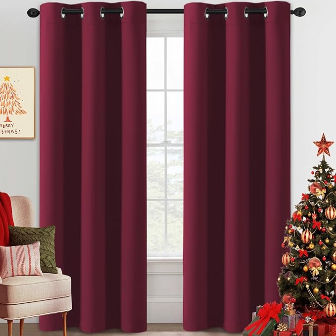 H.VERSAILTEX Christmas Curtains for Bedroom Thermal Insulated Room Darkening Living Room Curtains 84 Inch Long Grommet Privacy Protection Window Curtain Panels/Drapes for Nursery, 2 Panels, Burgundy