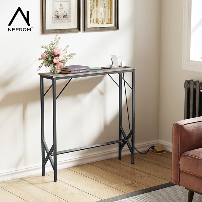 31.5‘’ Console Table, Skinny Entryway Table with Fast-Charging Station, Narrow Long Sofa Table, Behind Slim Couch Table for Entrance, Hallway, Living Room Decor ST-GY80-1