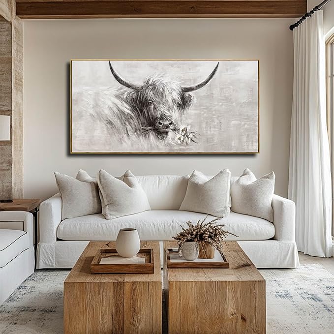 Farmhouse Wall Decor Framed Cow Artwork Grey Vintage Wall Art Canvas Flower Print Rustic Animal Pictures Style for Bedroom Dining Room 24x48 Inch