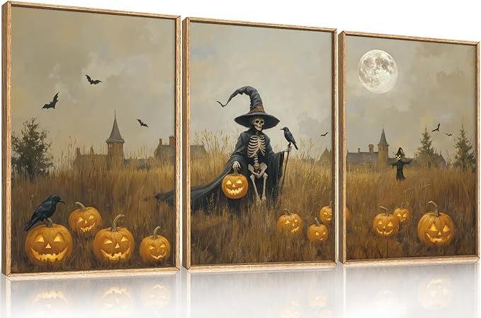 Celestdeco Halloween Ghost Reaper Framed Wall Art Set, Scary Witchy and Pumpkin Wall Decor, Horror Night Wall Painting, Full Moon Bats Art Prints for Living Room,Bedroom,Halloween Themed Party Decoration-16"×24"×3