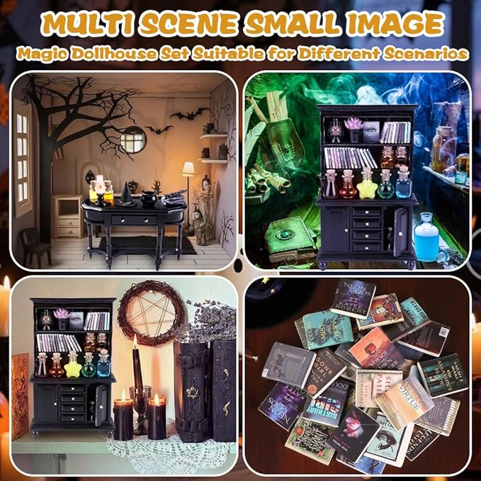 56 Pcs Halloween Miniatures Decorations 1:12 Scale Magic House Accessories Mini Wooden Bookshelf Furniture Set Tiny Sorcery Bottles Books Desk Chair Witch Hat Dollhouse Decor